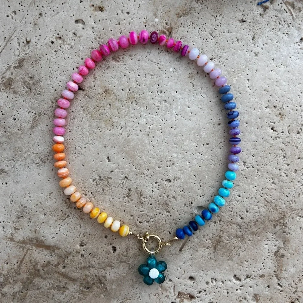 الملونة قوس قزح مطرز قلادة المحيط نمط البوهيمي زهرة قلادة قلادة الفولاذ المقاوم للصدأ مشبك الاكريليك المختنق قلادة #4