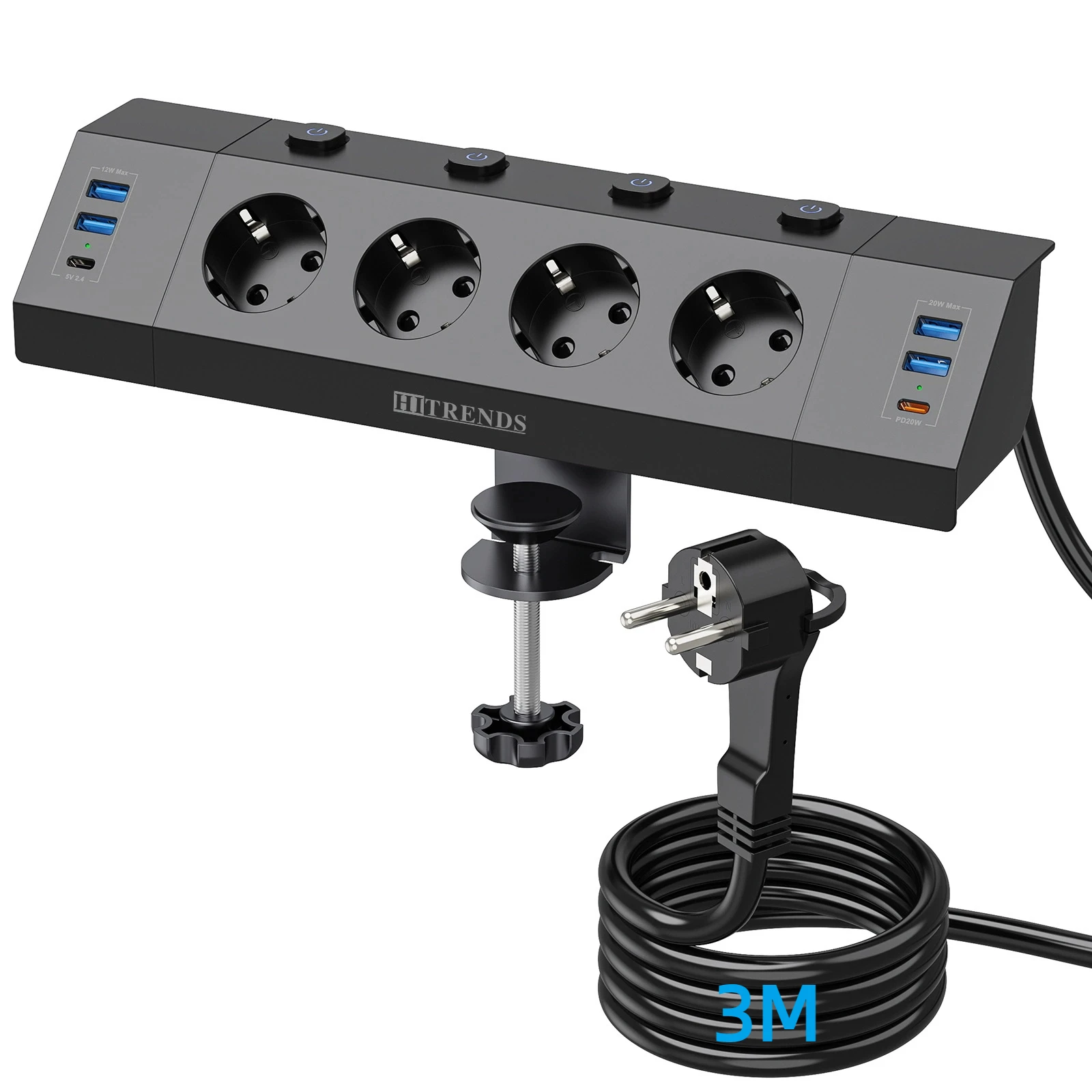 Eu Multi-plug stekkerdoos met desktop klemapparaat trekringstekker 4 USB-A en 2 USB-C-poorten enkele bedieningsschakelaar 2 m kabel