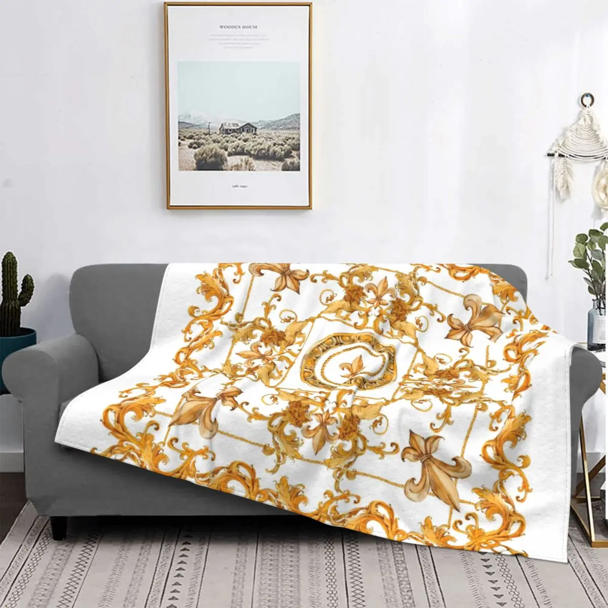 

Golden Lion And Damask Ornament Blankets Fleece All Season Portable Lightweight Throw Blanket for Home Couch Bedspread