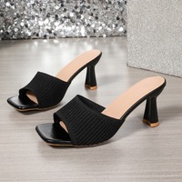 Summer Knitted Outside Fashion Square Toe Stiletto Slippers All-match Slip-proof Wear-resistant High Heels Women Heel Sandals