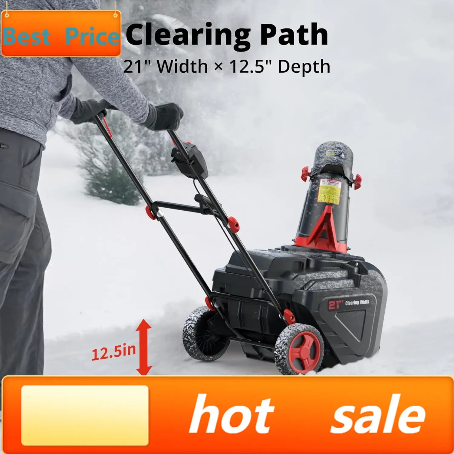 

Популярный 21-дюймовый электрический снегоуборщик с LED-подсветкой, двигателем 15 А, 2100 об/мин и дальностью выброса 30 футов