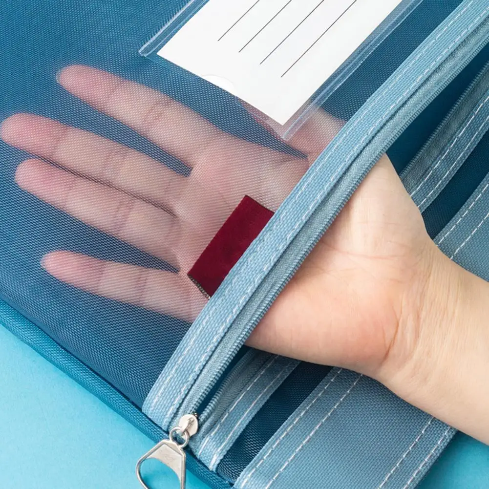 Organizador de archivos de capacidad, bolsa con cremallera de malla de doble capa con asa para suministros escolares de oficina para viajes y transporte