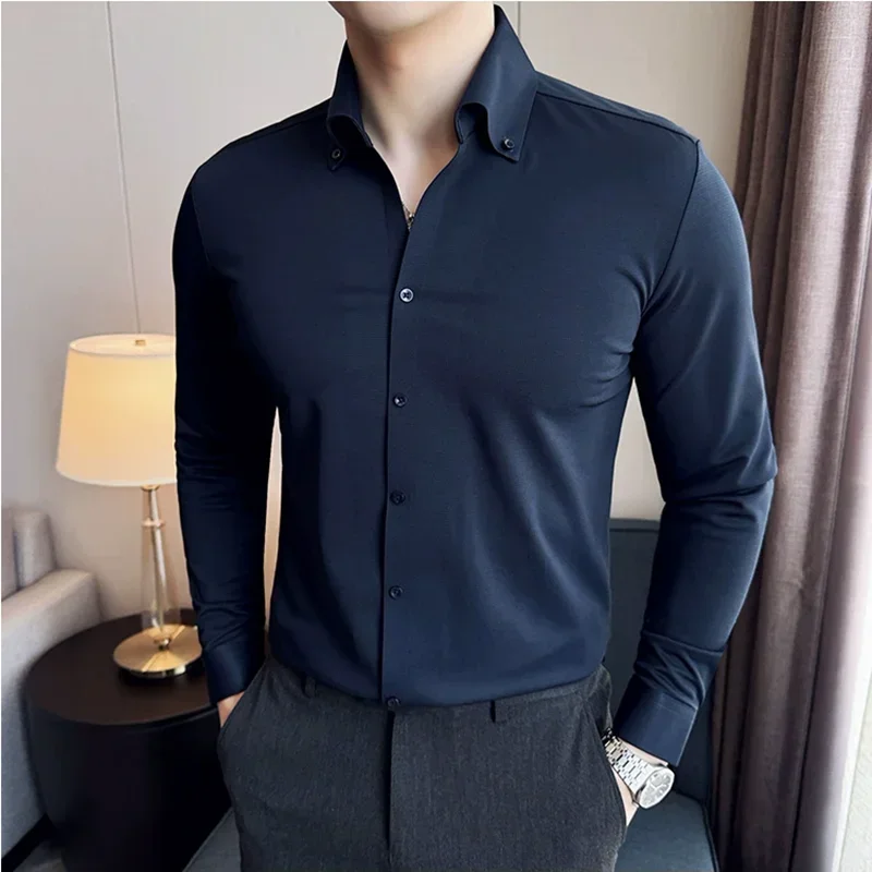 

Royal Blue High-end Waffle V-Neck Shirt High Quality Men Long Sleeved Traceless High Elastic Drape Shirts Dress Tuxedo 4XL-M