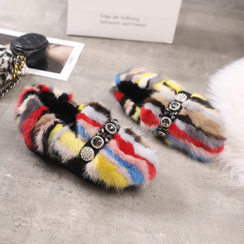 Colorful Mink Fur Women Loafers Casual Thick Sole Moccasins Crystal Winter Snow Platform Shoes Woman Fur Espadrilles Creepers