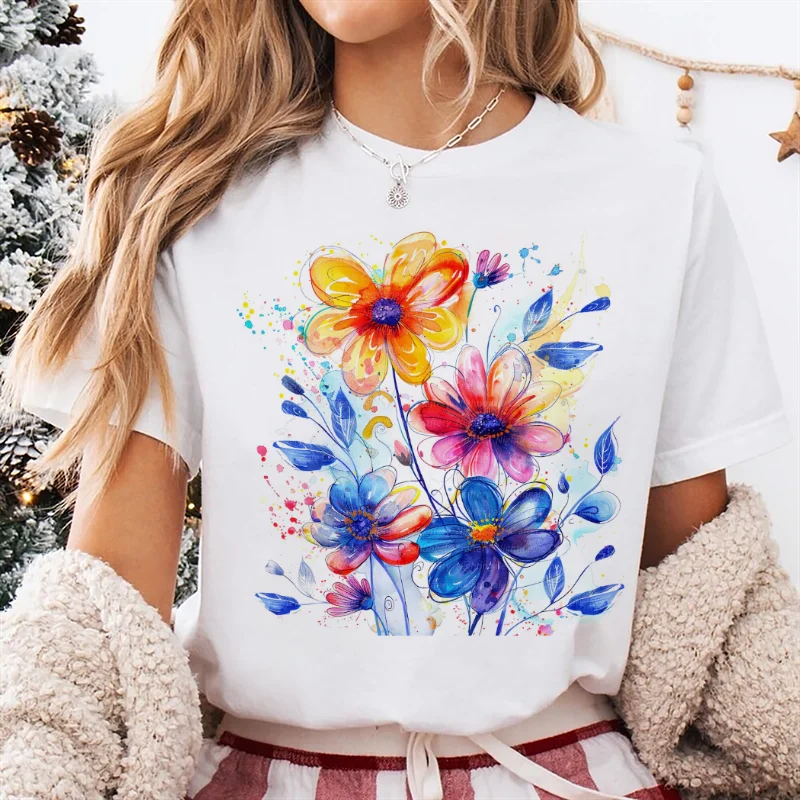 Watercolor Floral Pattern Printed Women's Short Sleeved T-Shirt Harajuku Round Neck Top Holiday Casual Women's Summer T-Shirt