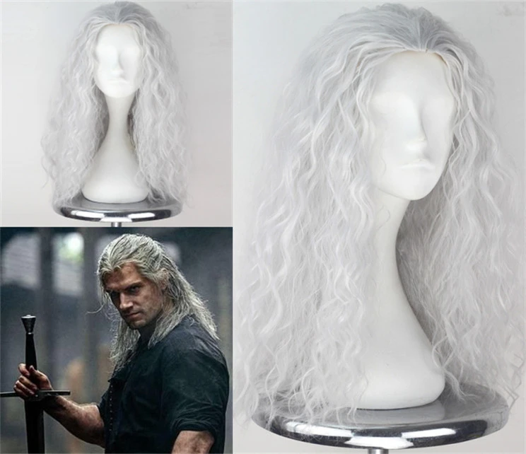 Withers-Peluca de cosplay de plata para hombre, cabello largo y rizado, gris y plateado, Geralt, cazador de monstruos, disfraz de Halloween