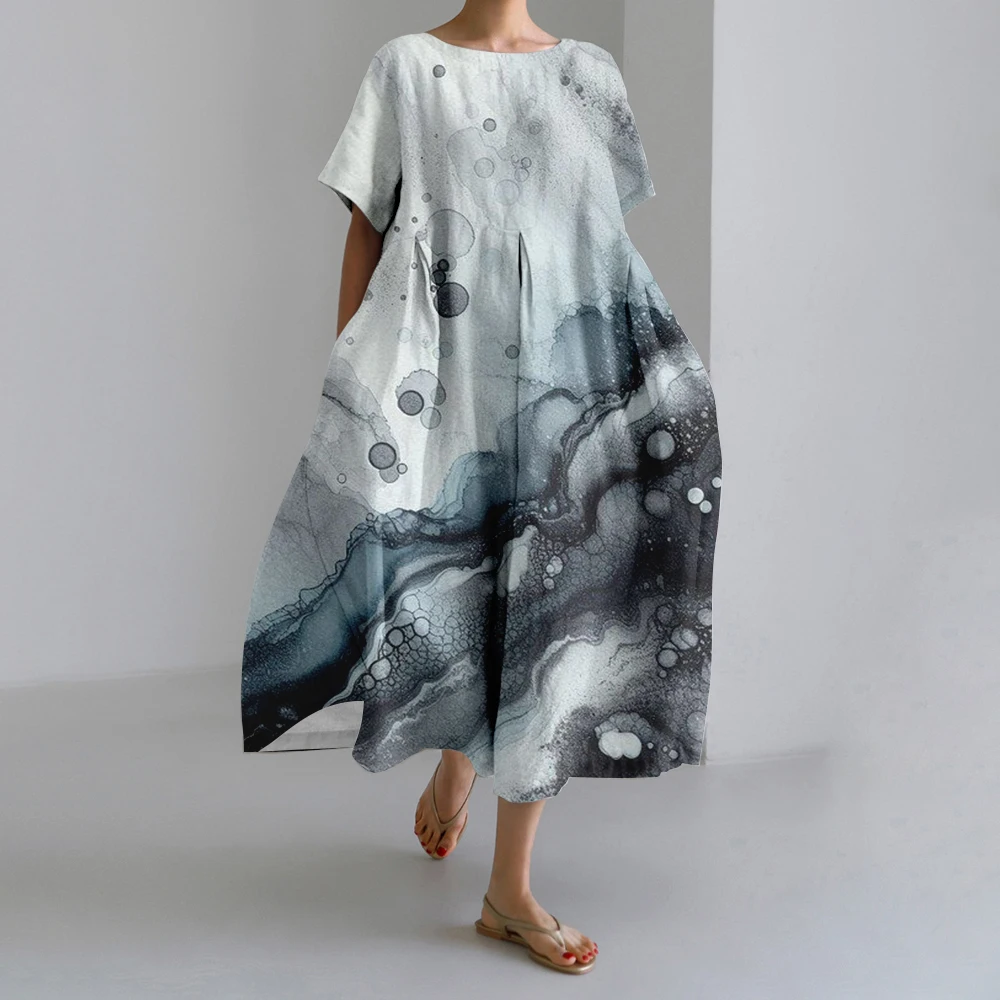 

2024 High-end Artistic Design Printed Dress For Women Temperament Dinner Party Dresses Loose O-Neck Short Sleeve Big Swing Dress