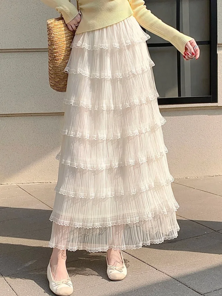 Pastel Lace Tulle Chiffon Puffy A-Line Skirt Women Spring Summer New Style Umbrella Skirt Flared Half-length Skirts