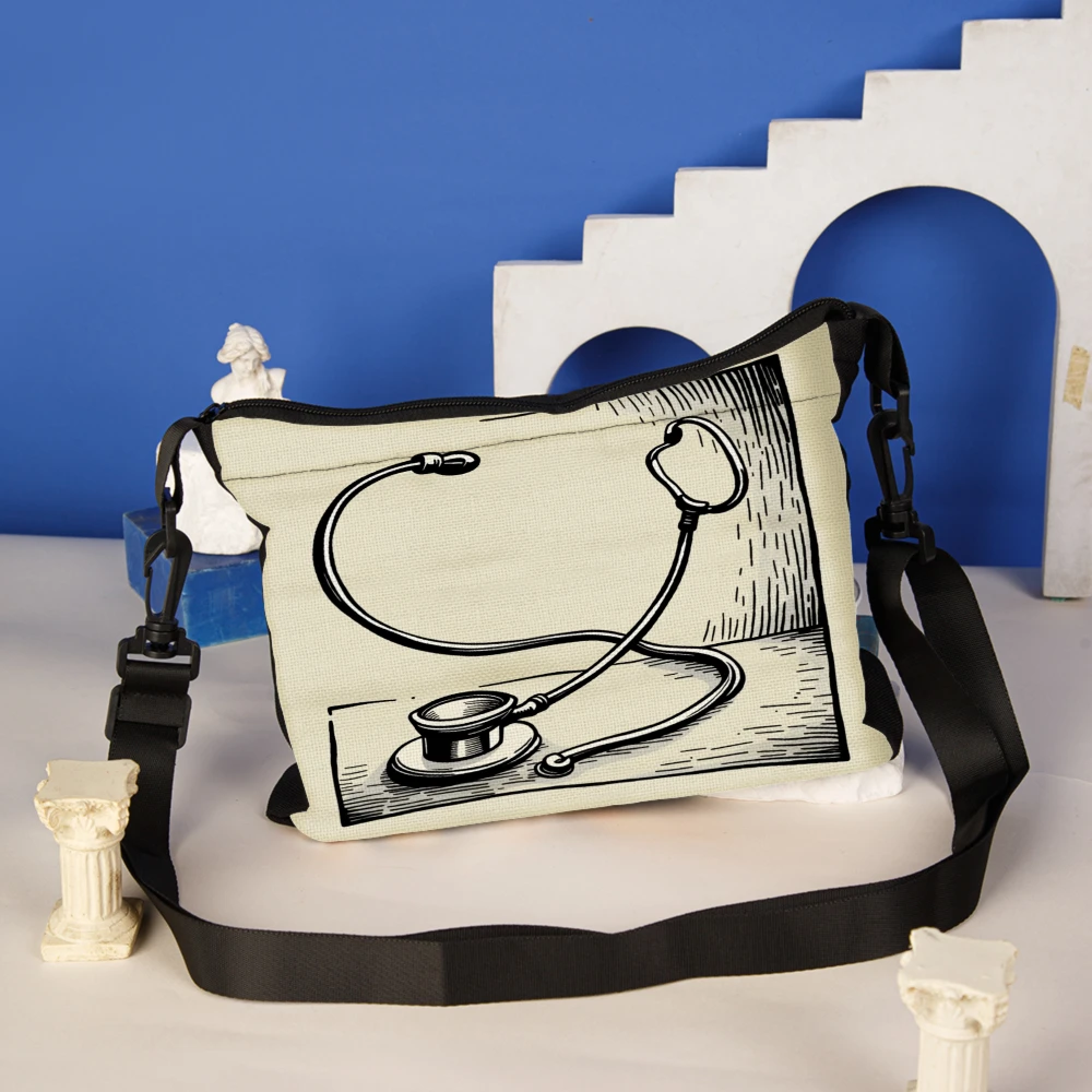 1pc Medical Stethoscope Print Crossbody Bag Beige Doctor Theme Shoulder Bags For Nurses Doctors Healthcare Professionals Work Co