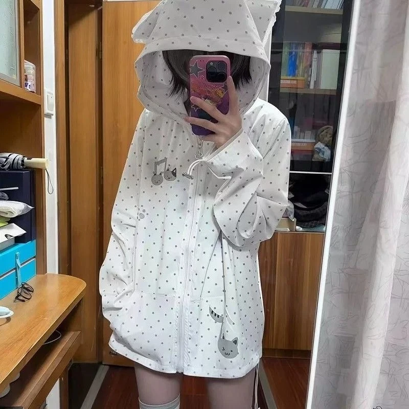 Japanese Vintage Cartoon Cat Ears Patchwork Hoodie Music Note Polka Dot Print Long Sleeve Y2k Retro Sweatshirt Women Sweet