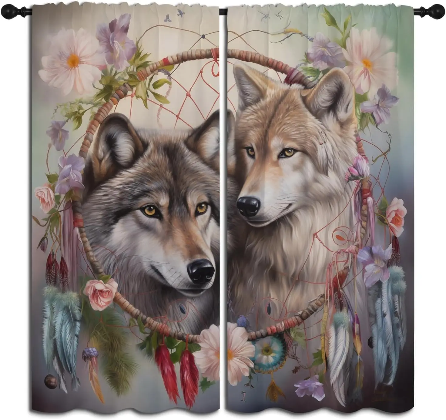 Wolf Dream Catcher Blackout Curtains,Bohemian Floral Wildlife Wolf Native American Animal Feather Rod Pocket Thermal Insulated
