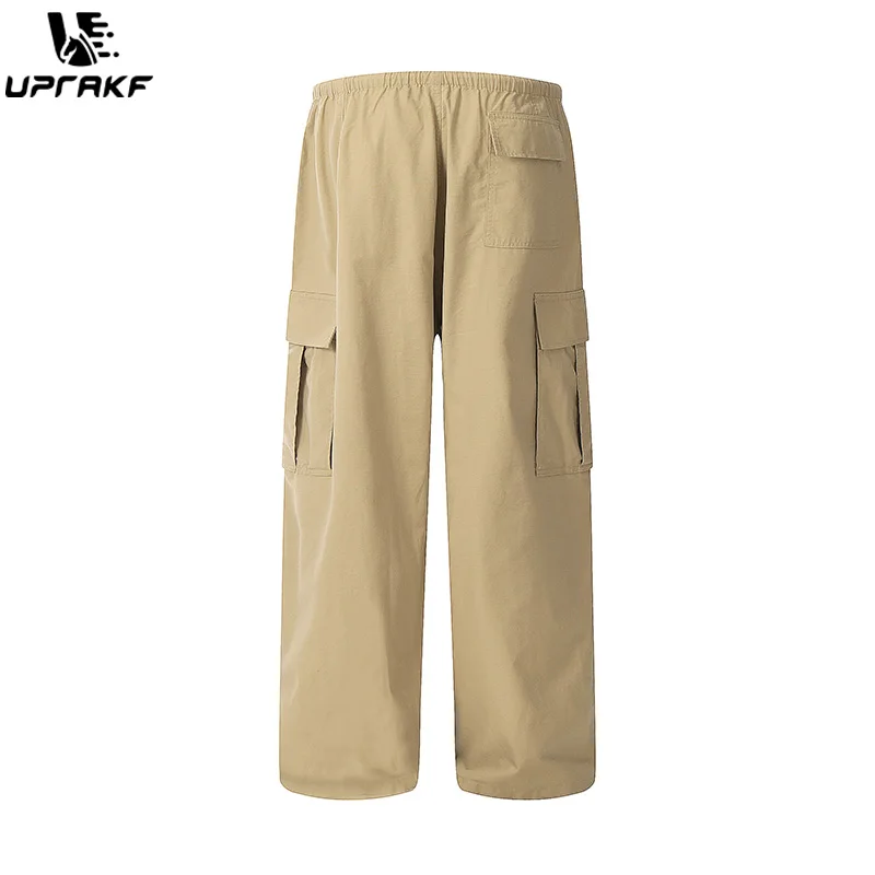 UPRAKF Drawstring Loose Trousers Comfort Casual Side Pocket Autumn Pantalones Solid Color Pleated Straight-leg