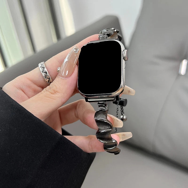 Luxury Ribbon Bracelet Strap For Apple Watch 49MM 45 44 42MM 41 40 38MM Trendy Women Metal Bracelet For iwatch 9 8 7 6 5 4 3 SE