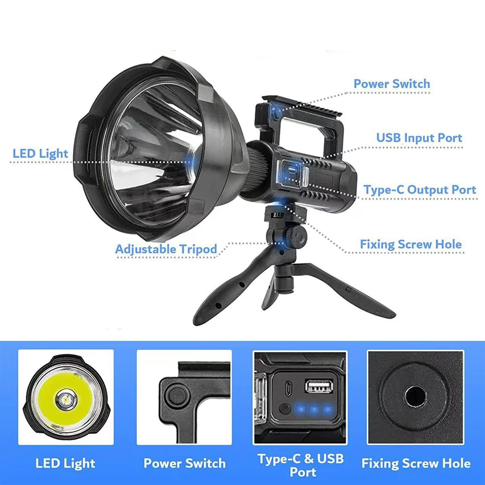 Nueva linterna P70 para exteriores, luz fuerte, reflector multifunción, carga USB, iluminación de largo alcance, lámpara de mano P50