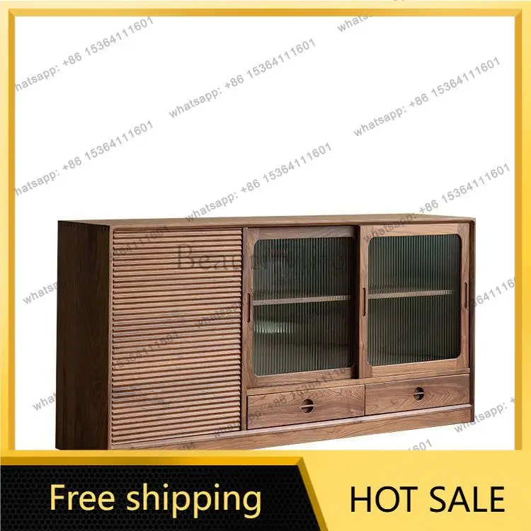 FG Japanese light luxury black walnut side cabinet Nordic cherry wood storage porch locker