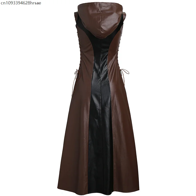 أزياء النساء في القرون الوسطى لارب آرتشر رينجر قزم زي أنثى المحارب للهالوين روبن فستان بأشرطة من الجلد مع قلنسوة رداء ماكسي عباءة