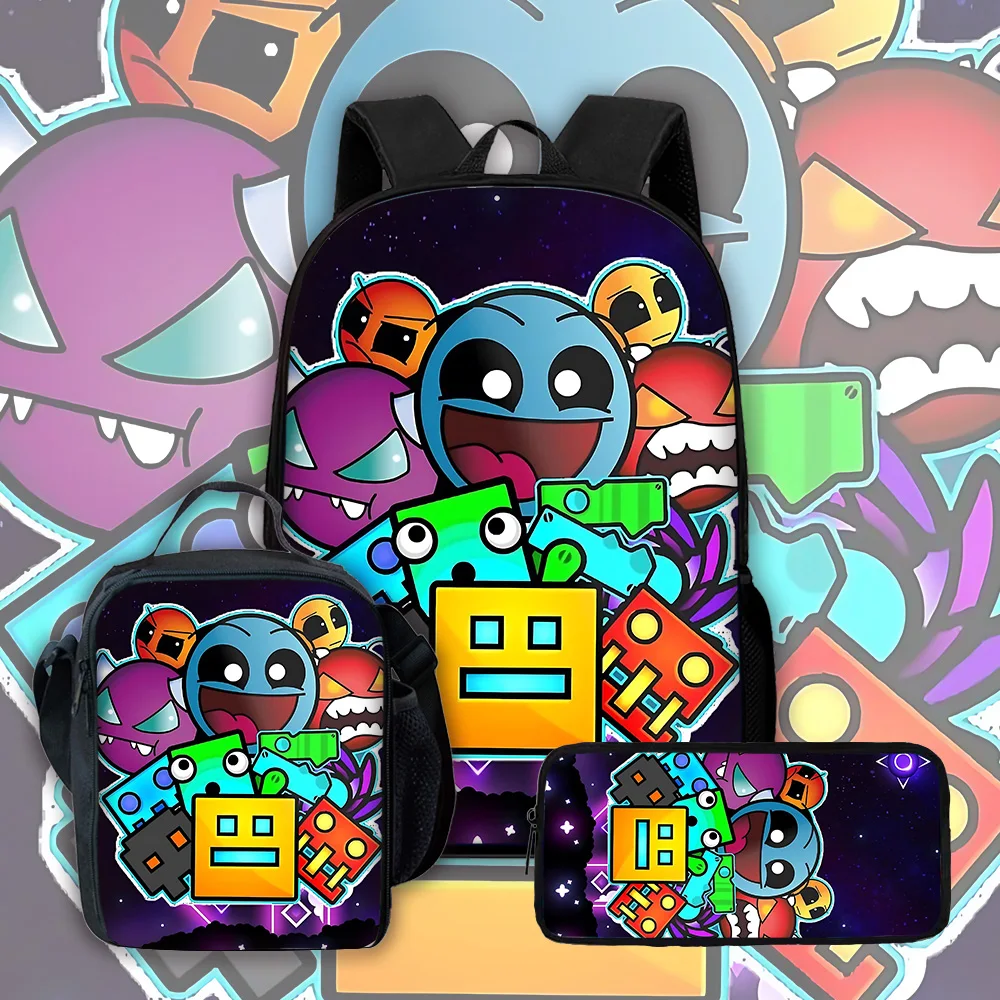 

Cartoon Games Angry Geometry Dash Child School Backpack with Lunch Bags ,Pencil Bags ,School Bags for Boys Girls Best Gift