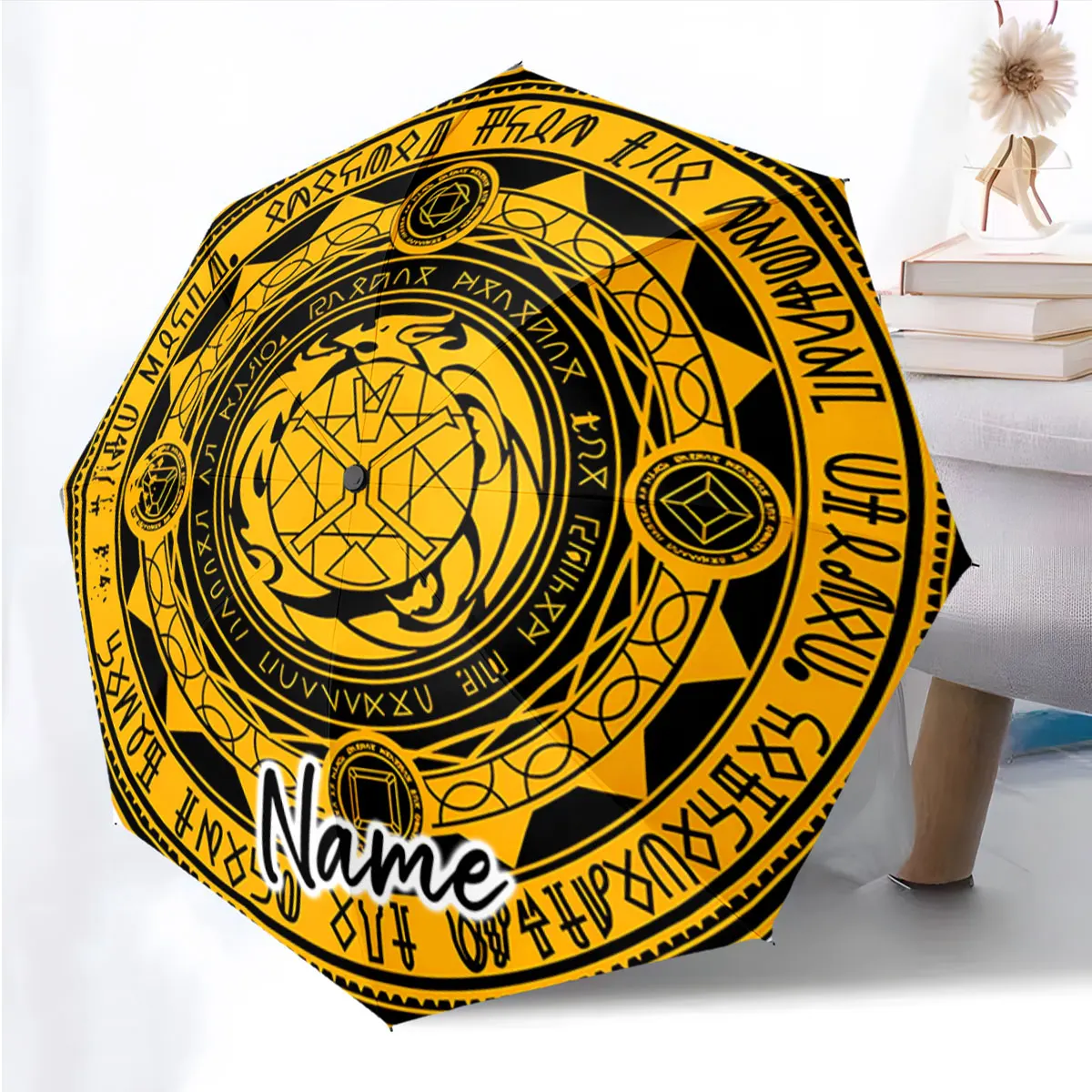 Custom Name Umbrella Mystical Symbols Umbrella Design Print 8 Iron Ribs Folding Umbrella Auto-Open Fashion Sunshade