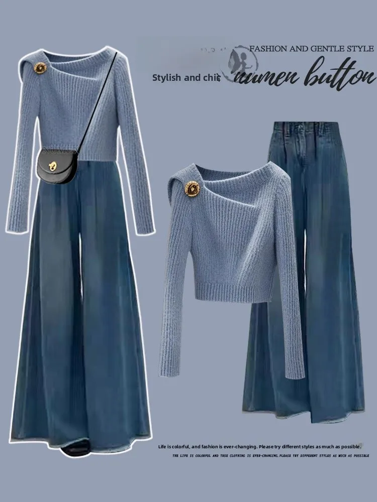 

Elegant plus Size Spring Autumn Denim Set Women's Knitwear Sweater High Waist Wide Leg Pants Two Piece Set Casual Fashion