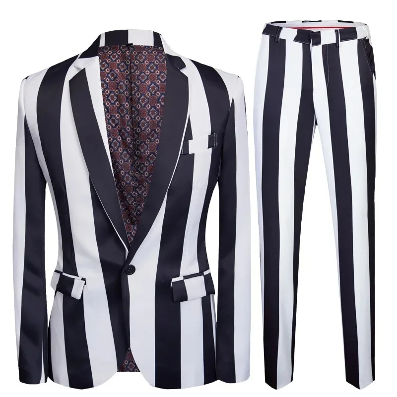 

2023 Fashion Men‘s Business Black and White Zebra Stripes Formal Suit / Male Slim Stage Party 2 Pcs Blazers Sets Jacket Pants