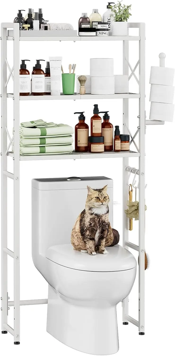

3-Tier Over-The-Toilet Storage Rack with Paper Holder, Heavy-Duty Metal Bathroom Shelf in White