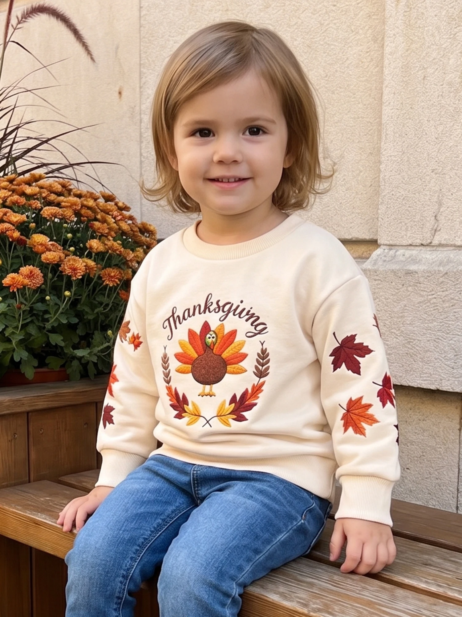 Girl Turkey Embroidery Embroidery Sleeve-Turkey-Embroidery Long-Sleeve-Turkey Thanksgiving Sweatshirts High Quality Girl