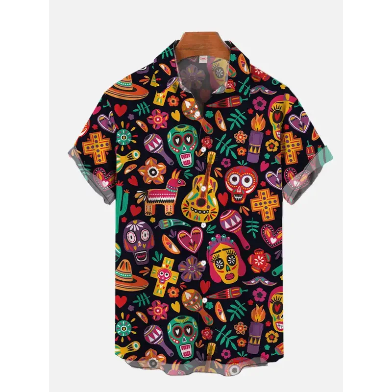 

2024 Fashion Men'S Hawaiian Shirts Mexican Style Colorful Graffiti Art Poster Prints Short Sleeve Shirt Hawaii Style Clothing