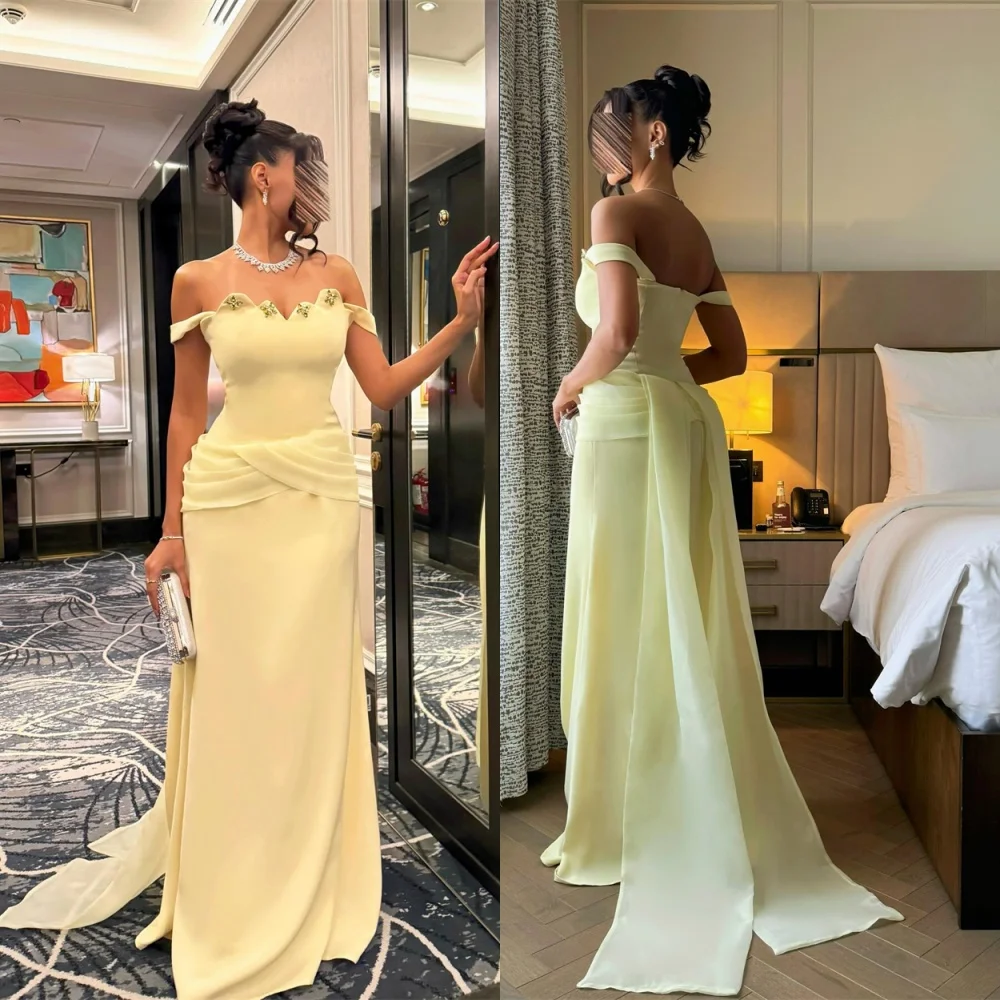 

Customized Exquisite Yellow Chiffon Evening Dress Fashion Strapless Off the Shoulder Sleeveless Zipper Back Mermaid Prom Dress