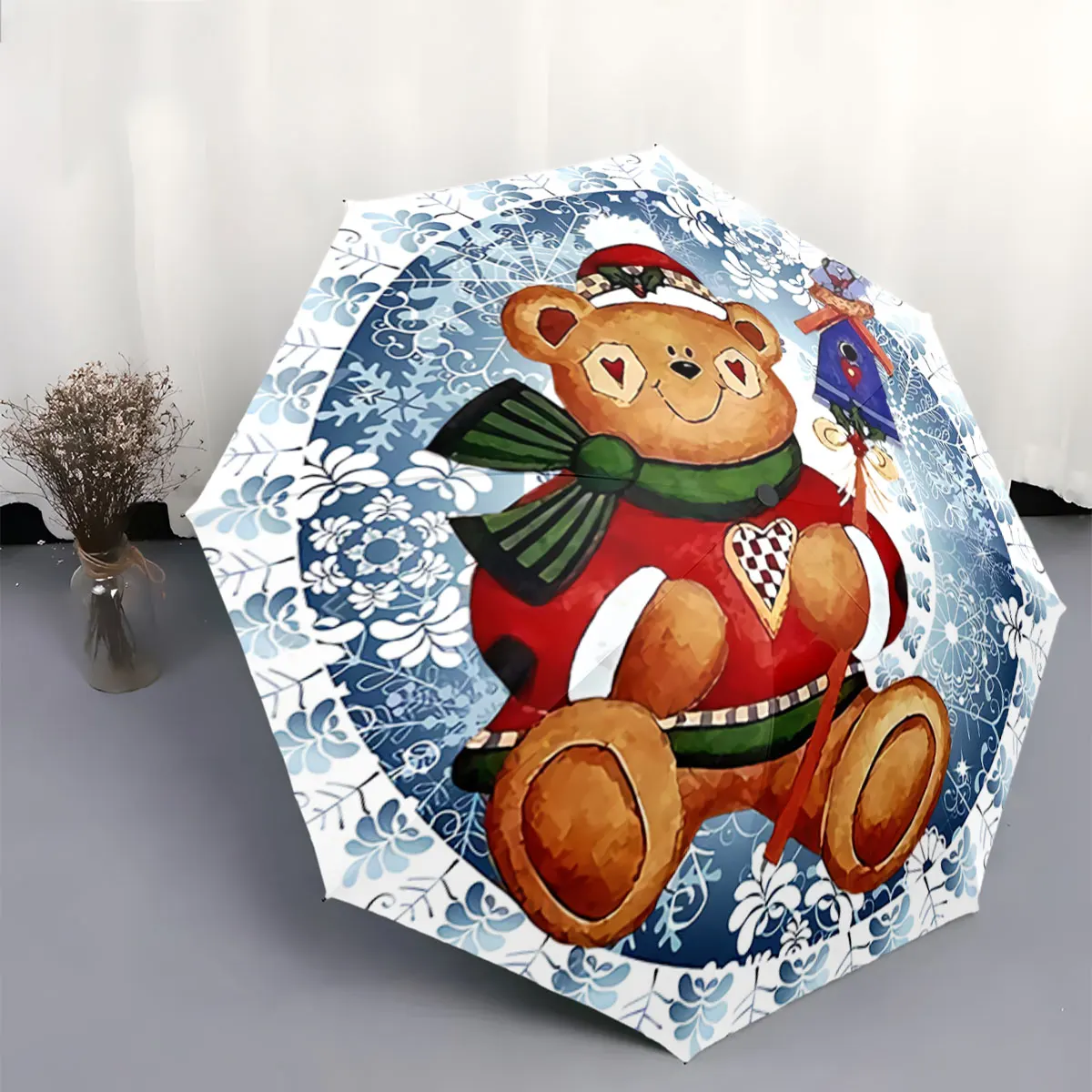 Cute Teddy Bear Winter Design Umbrella with Snowflakes portable waterproof sun rain umbrella for outdoor travel beach