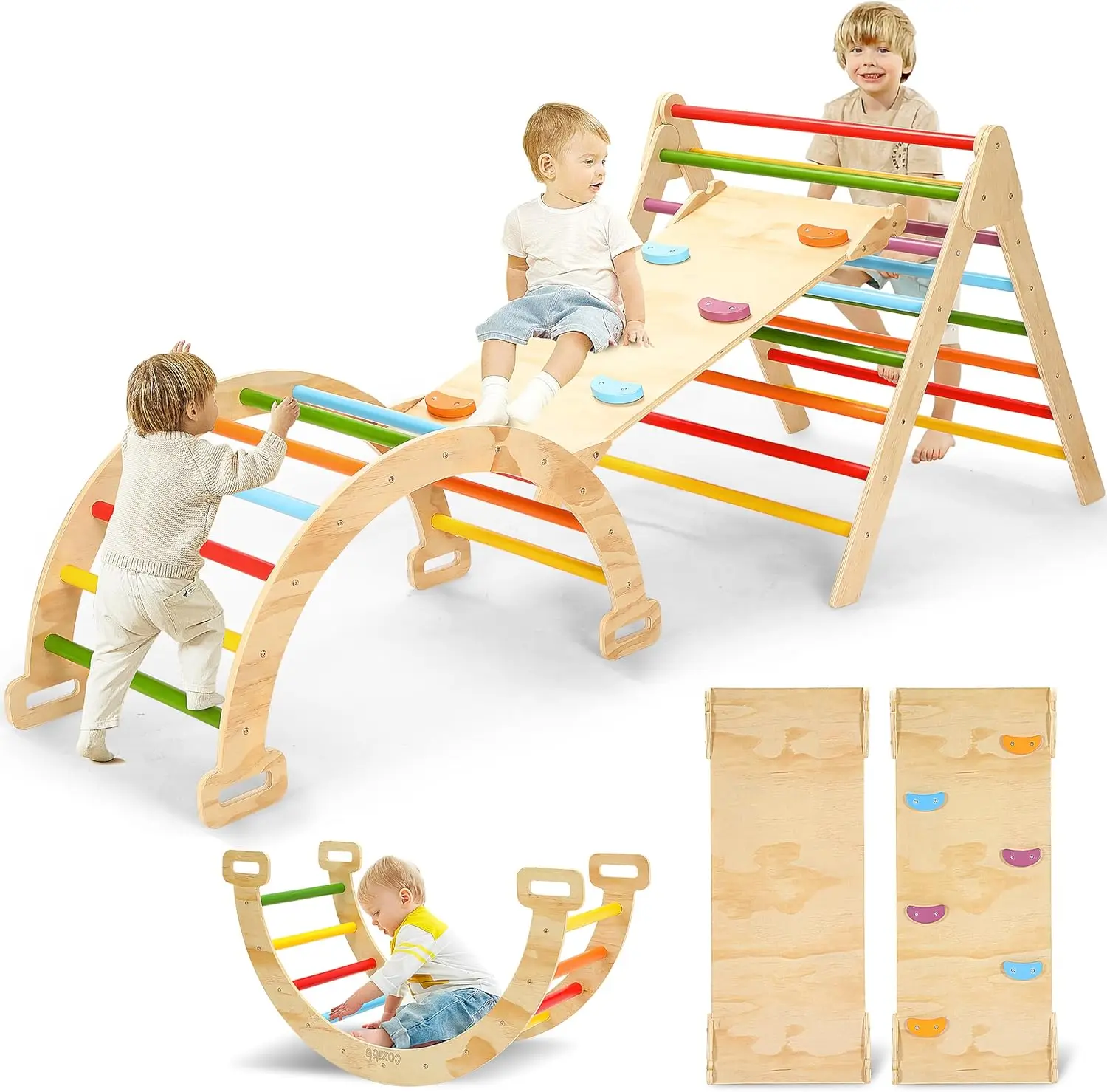 Pikler Triangle Set, Large Wooden Montessori Climbing Toys (Rainbow, Large: 3-6+ Years)