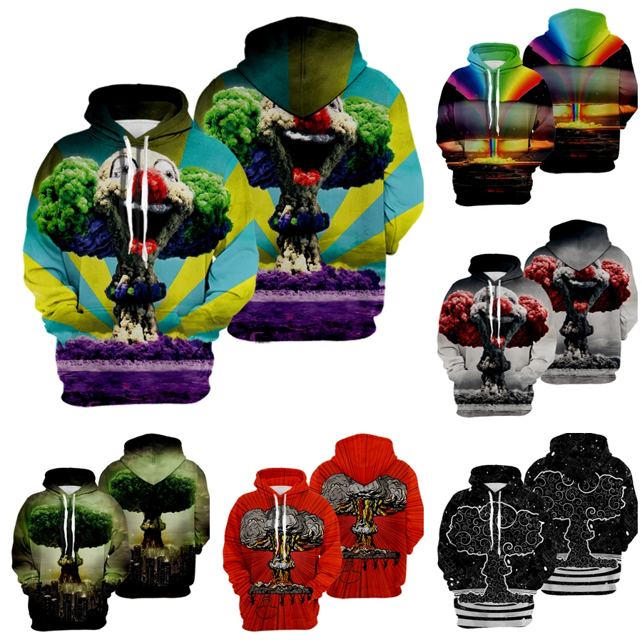 

2023 Environmentally Themed Hoodie Mushroom Cloud Picture 3D Printed Men Autumn Clothing Long Sleeve Unisex Popular Tops