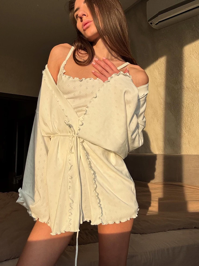 Marthaqiqi Knitted Women Sleepwear Set Spaghetti Strap Pajama Long Sleeve Robe Sexy V-Neck Nightie Mini Dress Casual Home Clothe