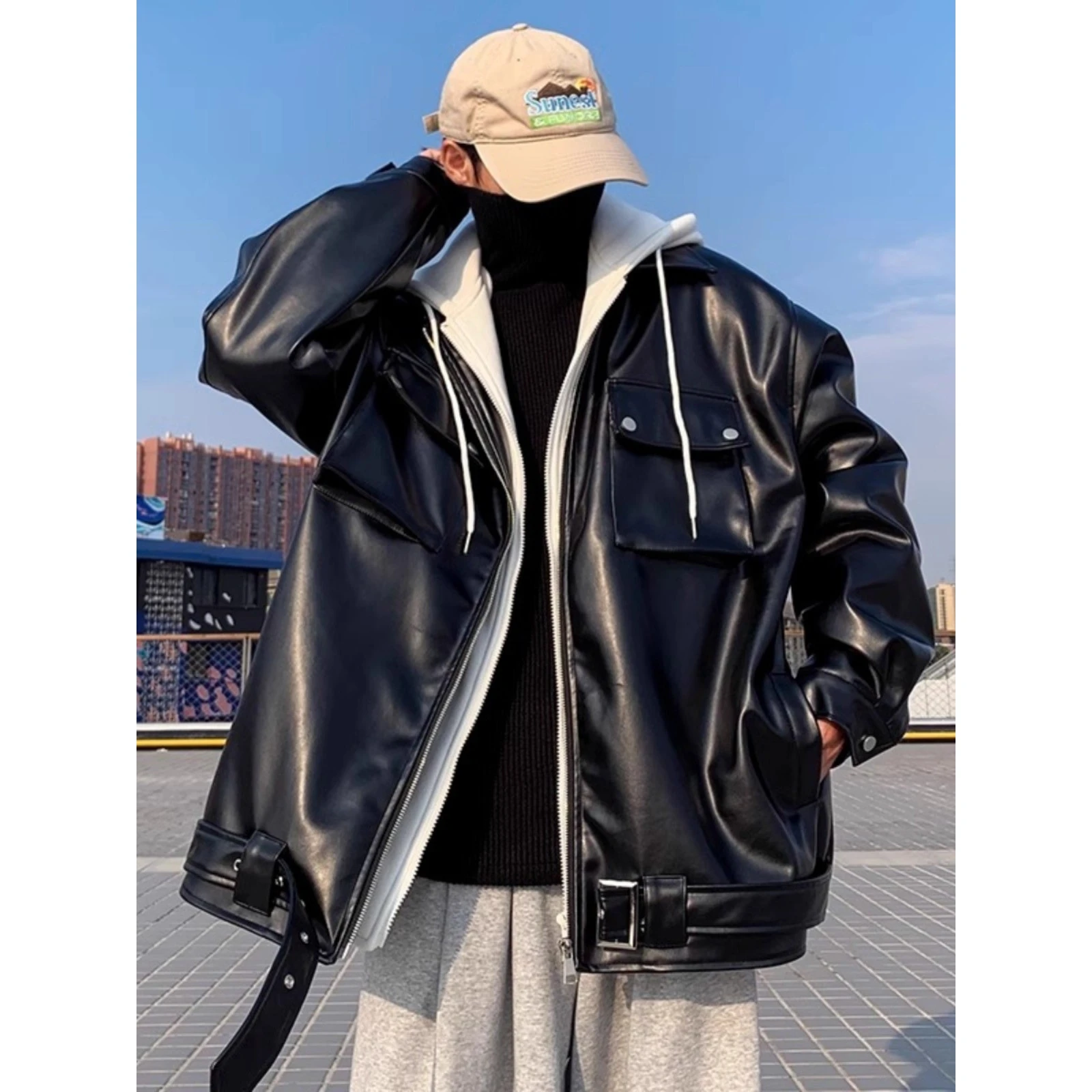 

Мужская кожаная куртка свободного кроя на осень-зиму, большие размеры, 250 пу, в стиле «фейк-двойка» из искусственной кожи, крутая уличная одежда в стиле Hong Kong Sle