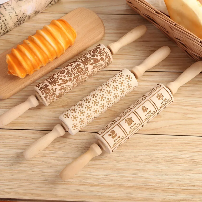 Home Kitchen Wooden Christmas Print Rolling Pin Wooden Carving Embossed Rolling Pin Cookies Biscuits Sticks Crafts