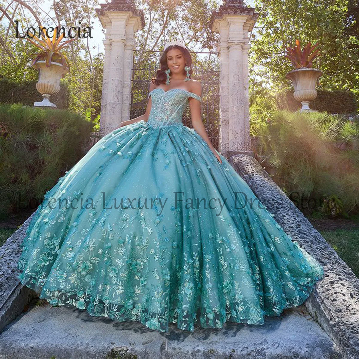 Groene 2024 Prinses Quinceanera Jurk Sweet 15 16 Baljurk 3d Bloemen Applique Van De Schouder Formele Vestido De 15 Anos