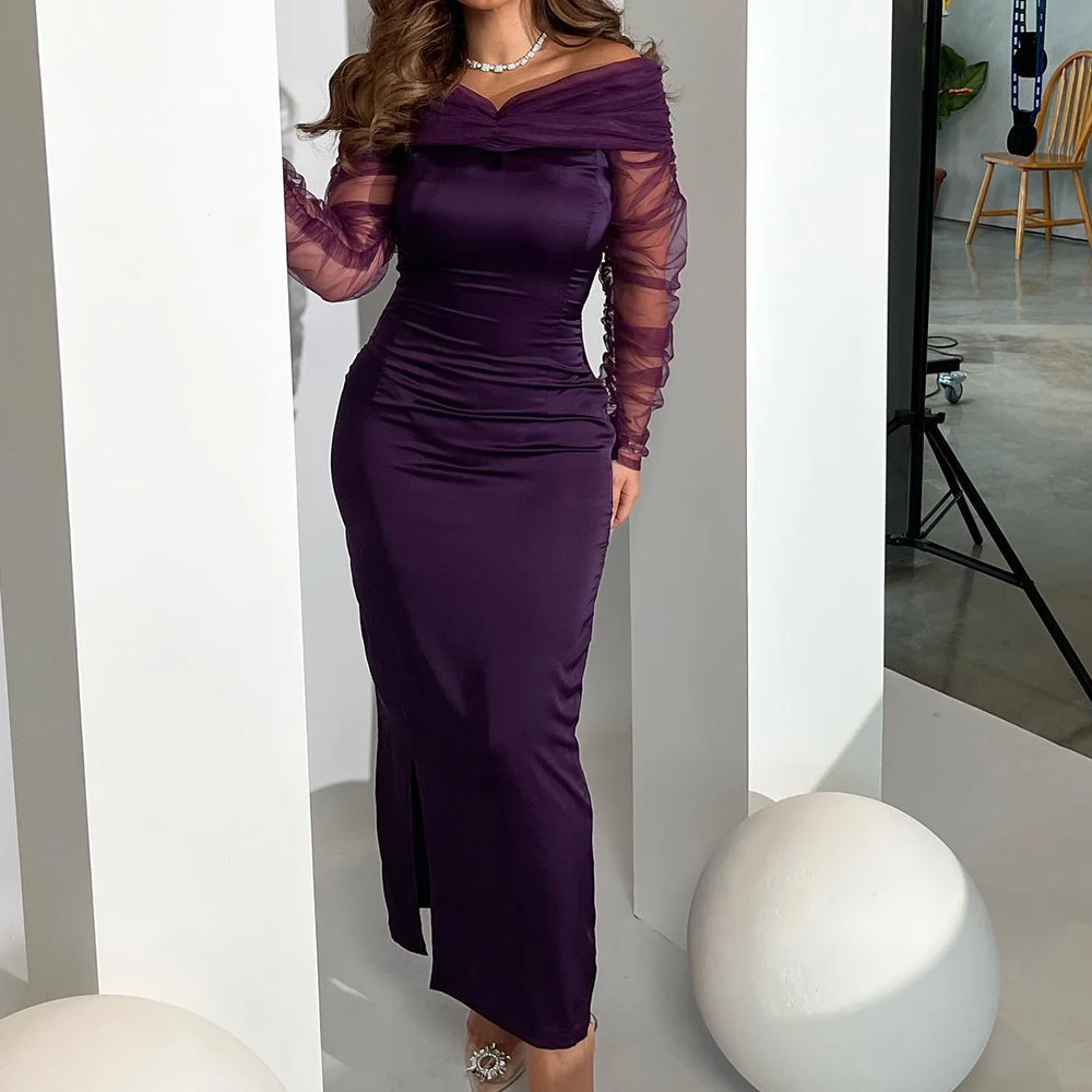 

Saudi Evening Gowns Satin Off the Shoulder Straight Long Sleeves Tea Length Pleats Purple Dresses For Formal Occasions Simple