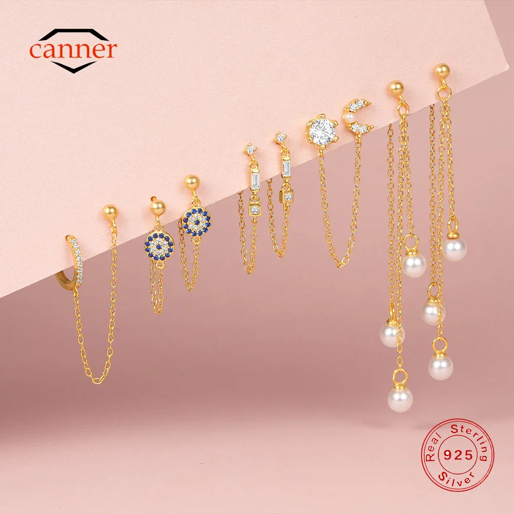 CANNER 925 Sterling Silver Chain Tassel Zircon Drop Earrings For Women 18K Gold Ins Simple Star Moon Earrings Fine Jewelry Gift
