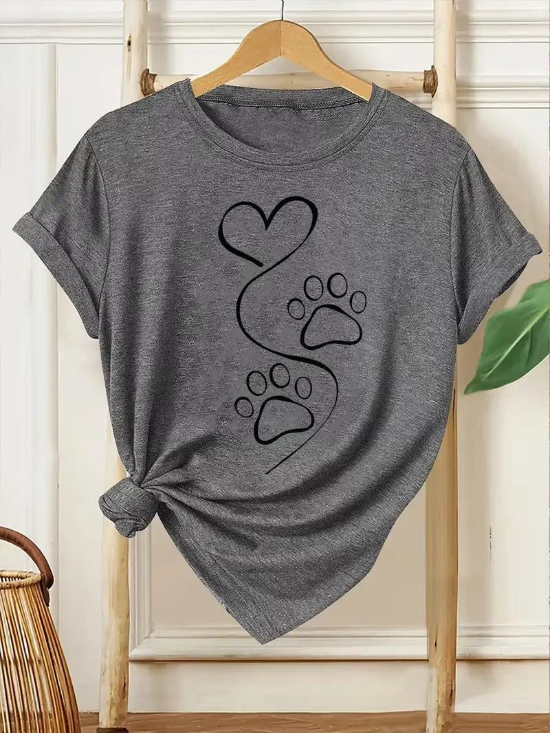 

Plus size women's short sleeve T-shirt Heart Paw Print Design Pattern Spring and Summer Essentials summer outfits women's