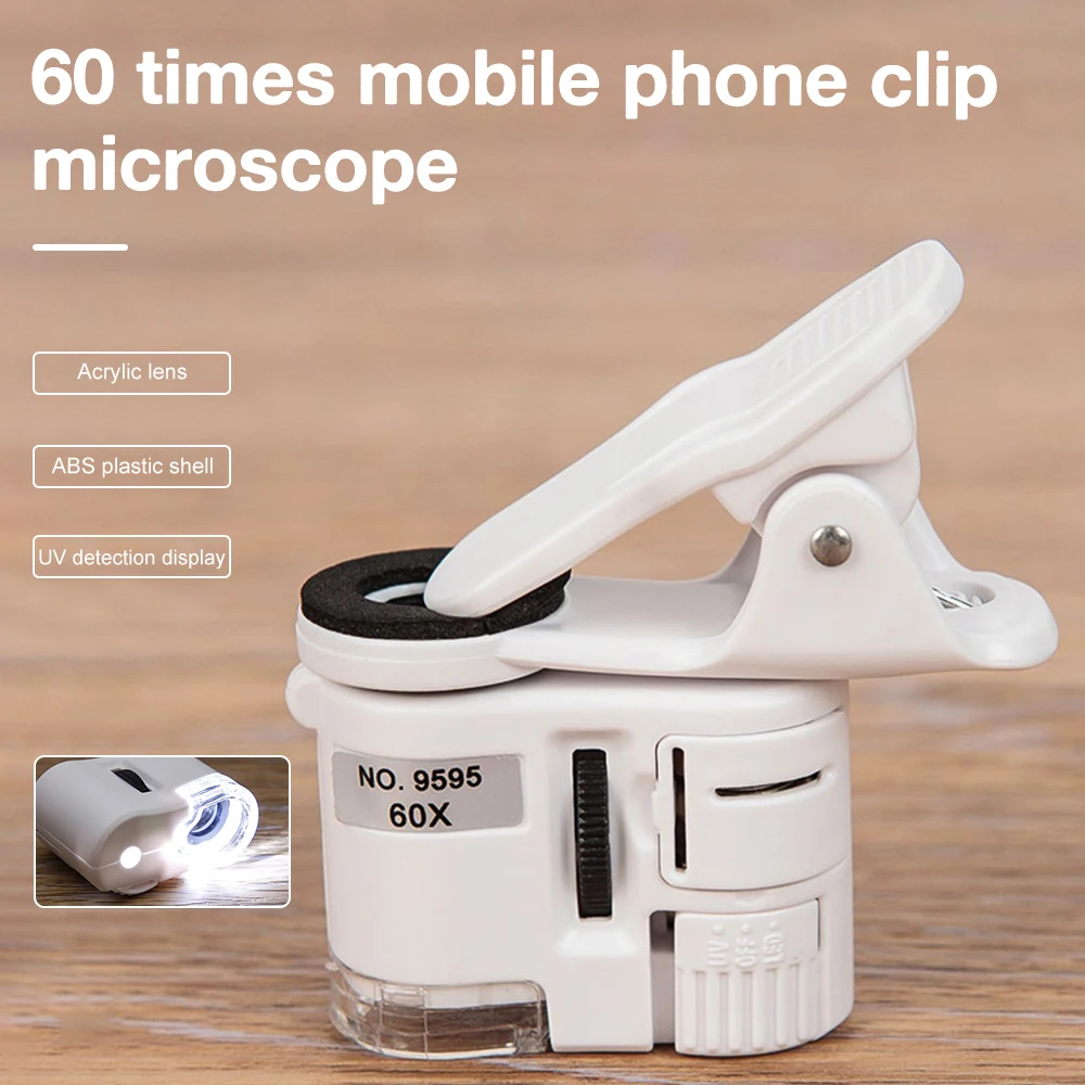 Microscope à pince universel 60X LED, loupe de bijoux, pince pour téléphone portable, mise au point couvertes, microscope de poche avec lumière UV