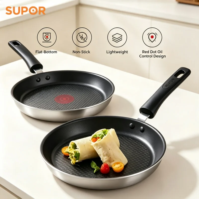 SUPOR 25CM Non-Stick Flat-Bottom Pan Red dot Oil Control Pancake Pan Lightweight Steak Skillet Breakfast Griddles for Gas Stove