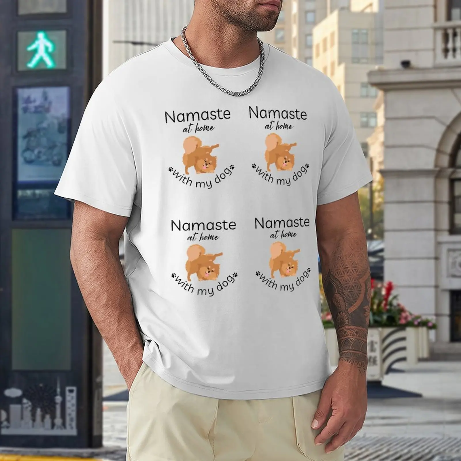 Namaste At Home With My Dog Set Pomeranian Yoga T-shirt Round Neck Sport Tshirt Novelty Travel Humor Graphic Eur Size