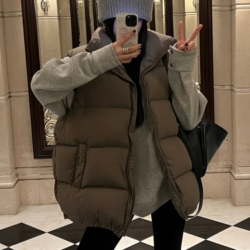 Autumn Winter Short Down Cotton Waistcoat Women 2025 New Fashion Loose Casual Cotton Jacket Pure Colour Zipper Outerwear Female