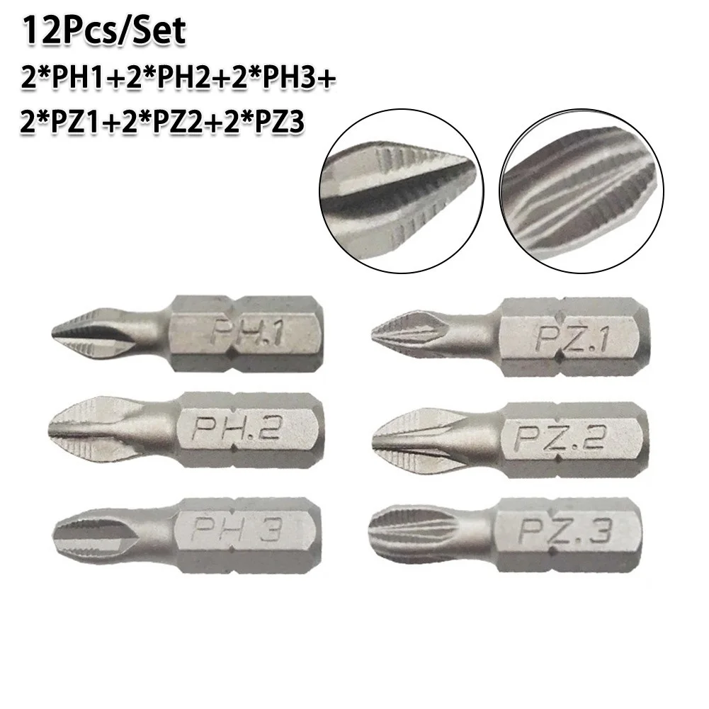 12Pcs Non-Slip Batch Head PH2 Cross Screwdriver Set Magnetic Batch Head 25mm PH1/PH2/PH3/PZ1/PZ2/PZ3 Screwdriver Bit Hand Tools