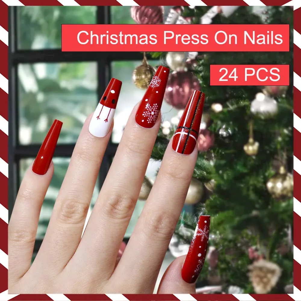 24 قطعة من الأظافر المزيفة المتوسطة الطول لحفلة عيد الميلاد، أطراف اللوز المربعة لعيد الميلاد، هدية ندفة الثلج، اضغط على مجموعة فنية للأظافر الصناعية #1