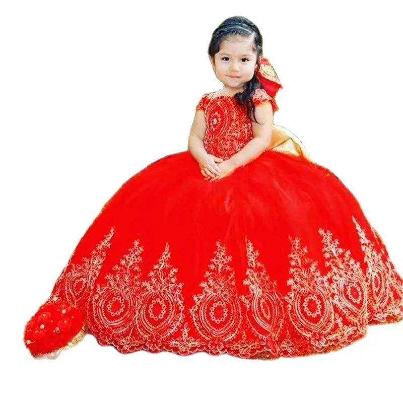 

Gold Embroidery Lace Flower Girls Dresses For Wedding Short Sleeves Tulle Ball Gown Beaded Communion Kids Dress