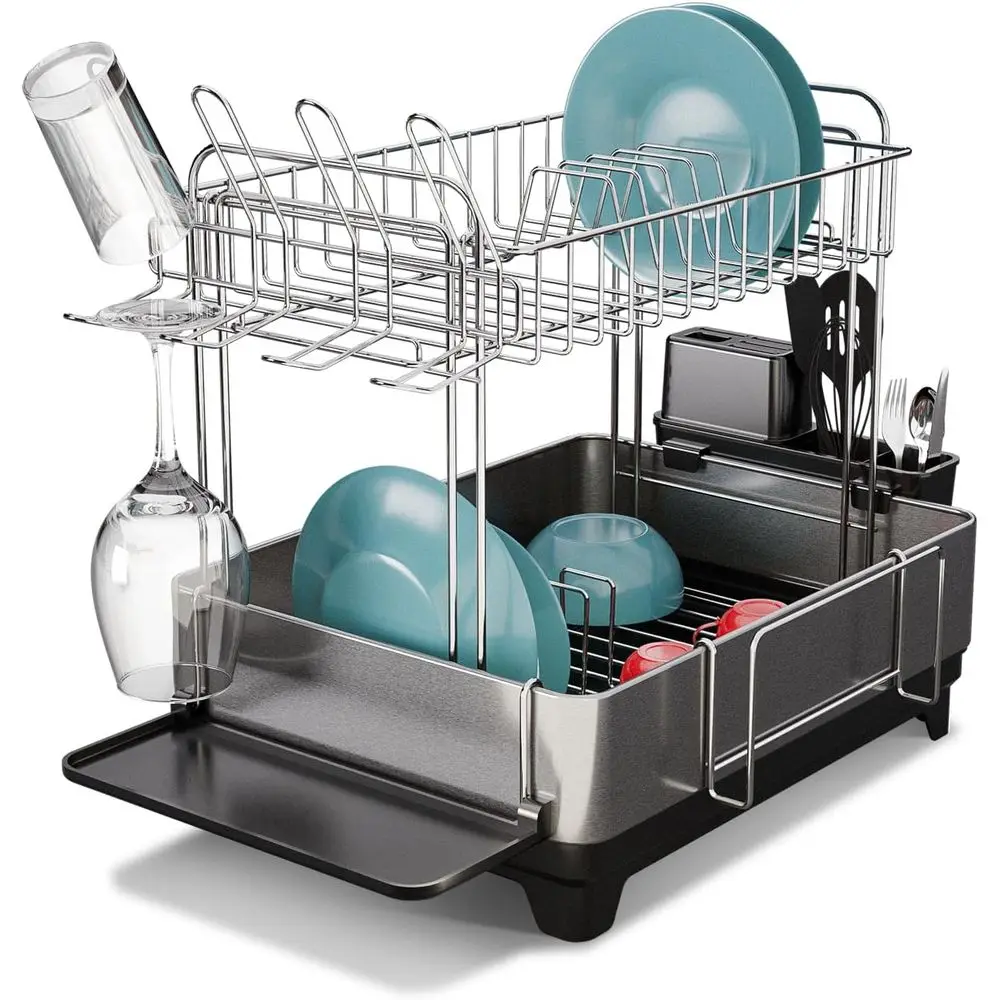 

Large 2-Tier StainlSteel Dish Drying Rack with Drain Pipe and Utensil Holders