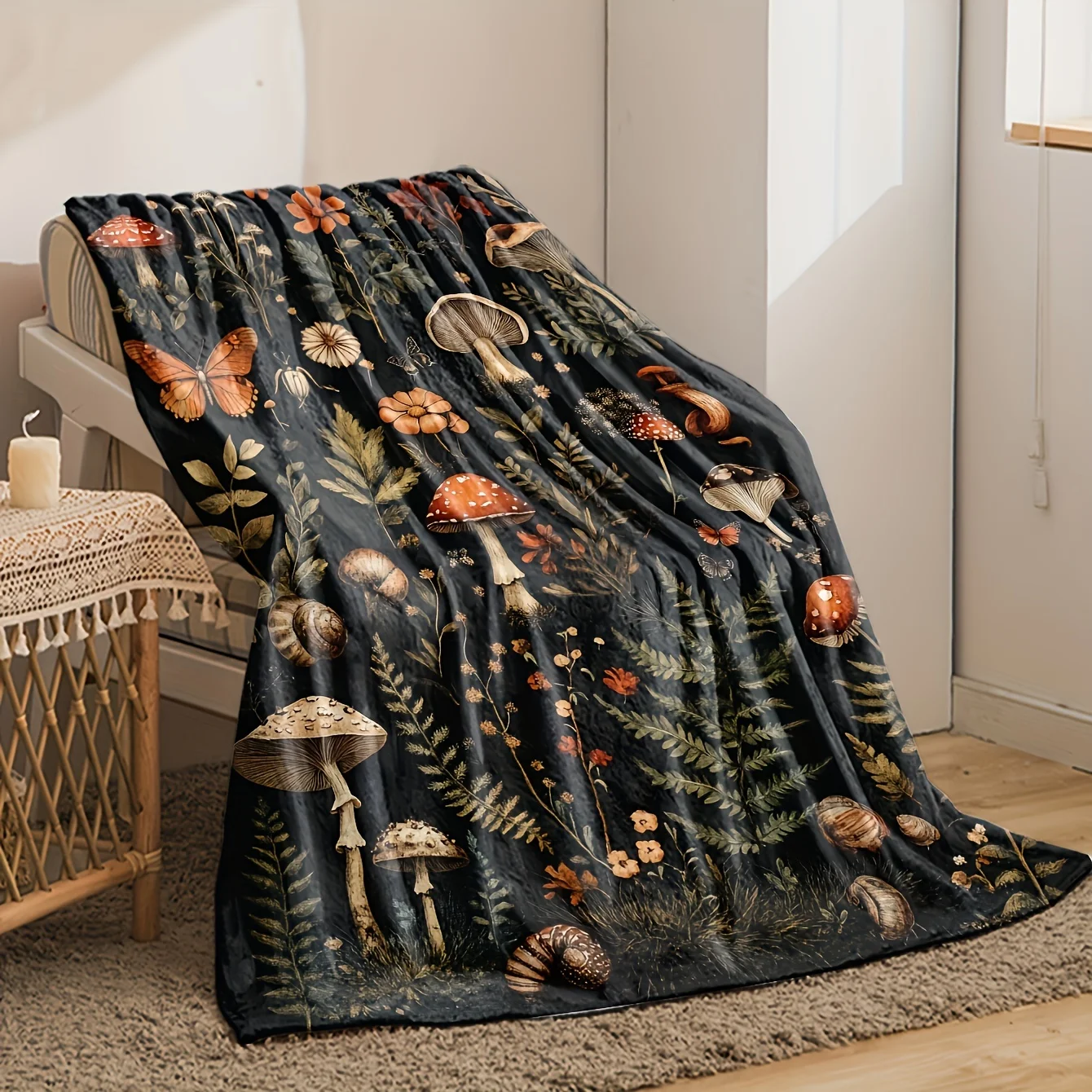 Vintage Mushroom & Floral Flannel Throw Blanket: Soft/Warm/Hypoallergenic – Washable, All-Season Sofa/Bed Use, Christmas Gift