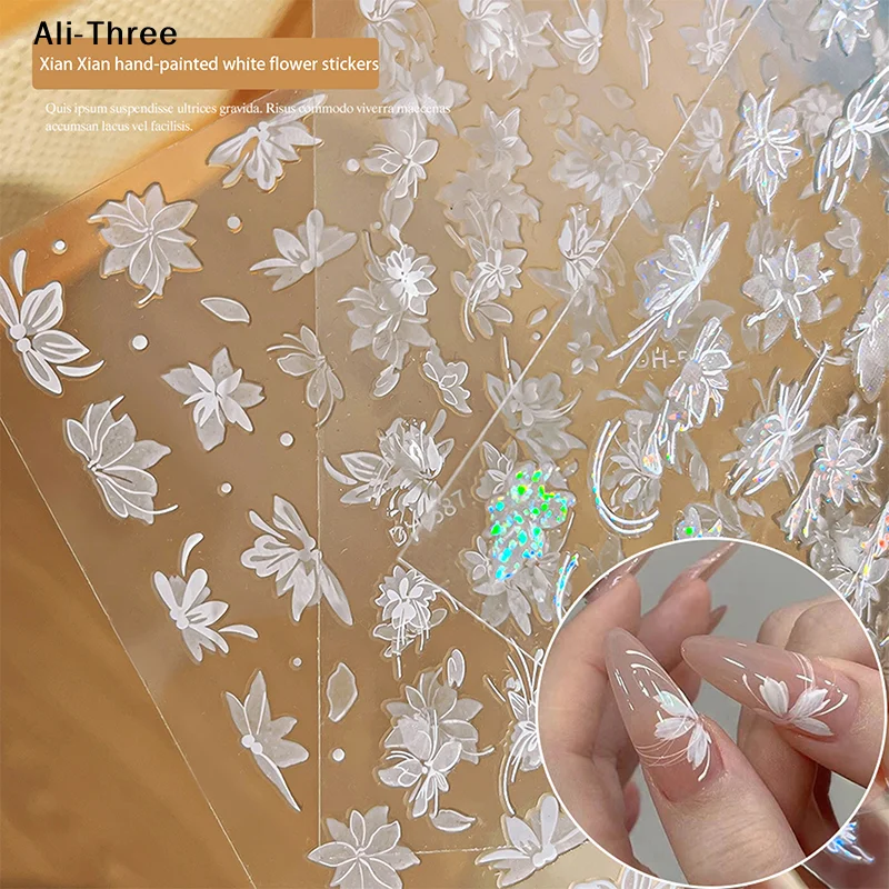 1Pcs White Magnolia Flower Hand Drawn Temperament Nail Sticker Enhancement Adhesive Decal Decoration