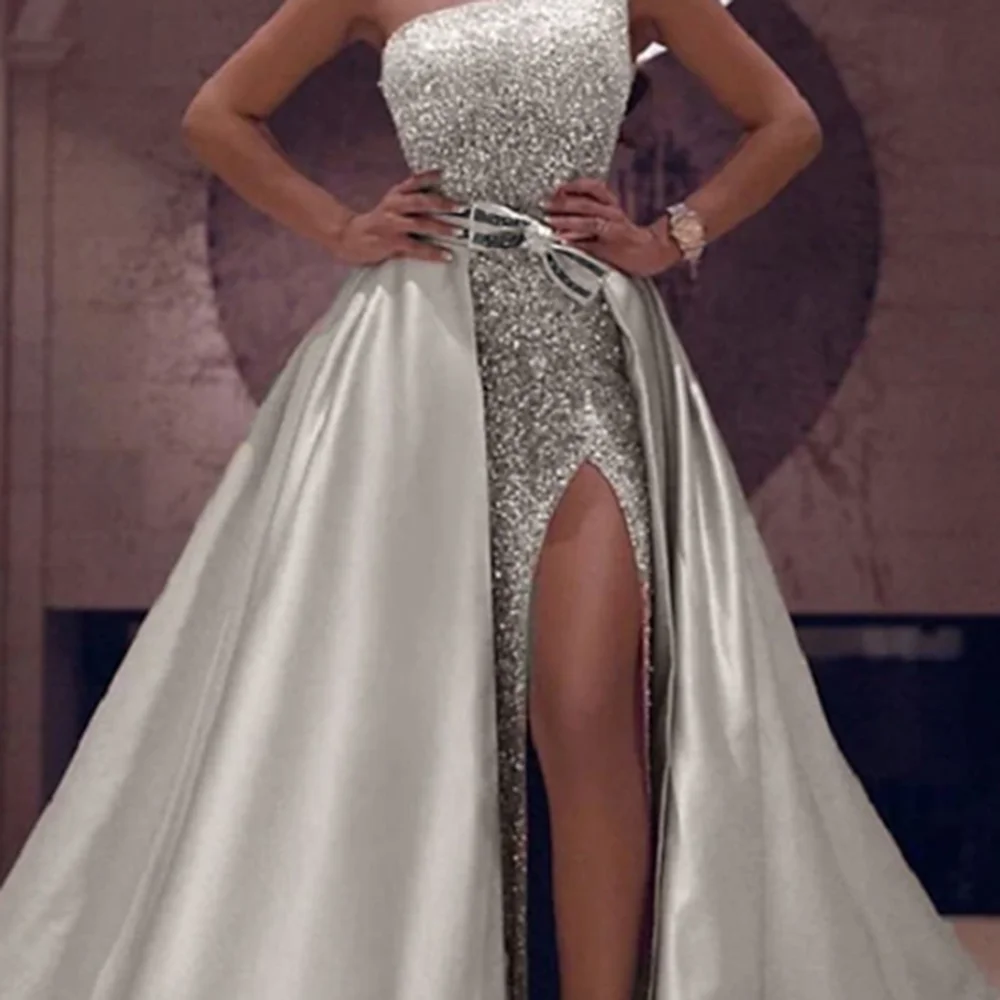 

Classic One Shoulder Sequined Beading Detachable Formal Evening Dresses Birthday Party Prom Gowns Customized