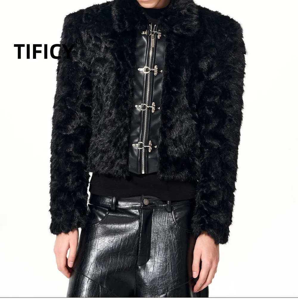 High Street Black Faux Fur Short Jacket Men's Winter Wear Metal Airplane Buckle Men's Padded Thick Fur Jacket